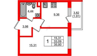 Квартира в ЖК «Новая история», 1 комнатная, 35 м², 1 этаж