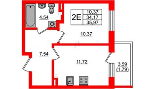 Квартира в ЖК «Новая история», 1 комнатная, 35.97 м², 2 этаж