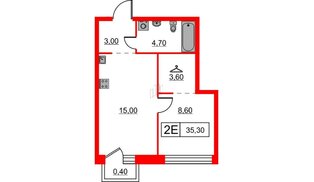 Квартира в ЖК Шкиперский, 19, 1 комнатная, 35.3 м², 2 этаж