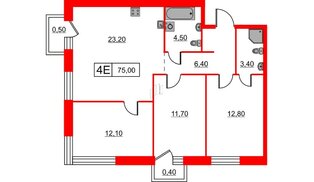 Квартира в ЖК Шкиперский, 19, 3 комнатная, 75 м², 2 этаж