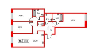 Квартира в ЖК Шкиперский, 19, 3 комнатная, 82.4 м², 1 этаж