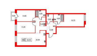 Квартира в ЖК Шкиперский, 19, 3 комнатная, 84.8 м², 3 этаж