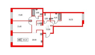 Квартира в ЖК Шкиперский, 19, 3 комнатная, 84.2 м², 4 этаж