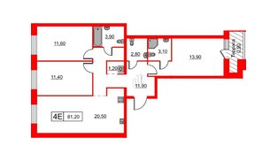 Квартира в ЖК Шкиперский, 19, 3 комнатная, 81.2 м², 12 этаж