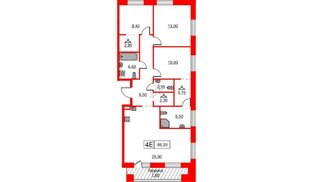 Квартира в ЖК Шкиперский, 19, 3 комнатная, 89.2 м², 12 этаж