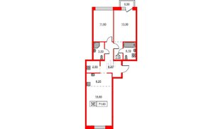 Квартира в ЖК Шкиперский, 19, 2 комнатная, 71.6 м², 10 этаж