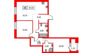 Квартира в ЖК Шкиперский, 19, 2 комнатная, 60.8 м², 6 этаж