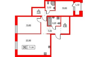 Квартира в ЖК Шкиперский, 19, 2 комнатная, 71.5 м², 4 этаж