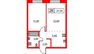 Квартира в ЖК Шкиперский, 19, 1 комнатная, 37 м², 1 этаж
