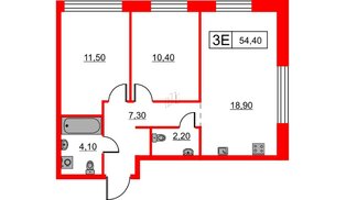 Квартира в ЖК Шкиперский, 19, 2 комнатная, 54.4 м², 2 этаж