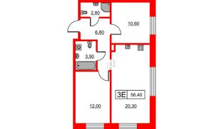 Квартира в ЖК Шкиперский, 19, 2 комнатная, 56.4 м², 1 этаж