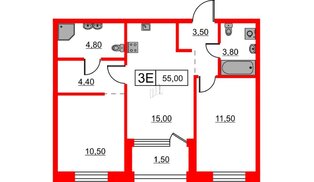 Квартира в ЖК Шкиперский, 19, 2 комнатная, 55 м², 1 этаж