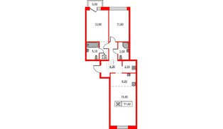 Квартира в ЖК Шкиперский, 19, 2 комнатная, 71.6 м², 4 этаж