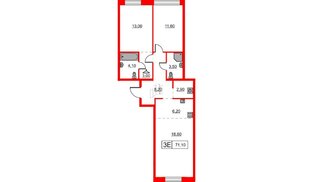 Квартира в ЖК Шкиперский, 19, 2 комнатная, 71.1 м², 7 этаж
