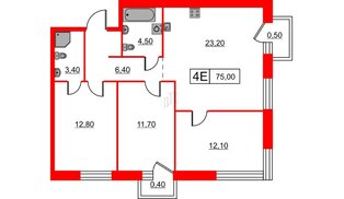 Квартира в ЖК Шкиперский, 19, 3 комнатная, 75 м², 12 этаж
