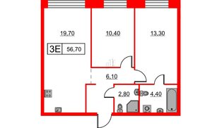 Квартира в ЖК Шкиперский, 19, 2 комнатная, 56.7 м², 7 этаж