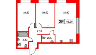 Квартира в ЖК Шкиперский, 19, 2 комнатная, 53.3 м², 5 этаж