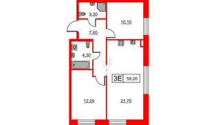 Квартира в ЖК Шкиперский, 19, 2 комнатная, 59.2 м², 7 этаж