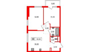Квартира в ЖК Заречный парк, 2 комнатная, 50.9 м², 19 этаж