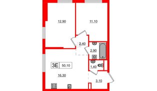 Квартира в ЖК Заречный парк, 2 комнатная, 50.1 м², 24 этаж