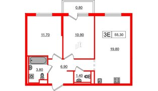 Квартира в ЖК Заречный парк, 2 комнатная, 55.3 м², 23 этаж