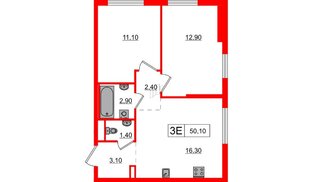 Квартира в ЖК Заречный парк, 2 комнатная, 50.1 м², 22 этаж