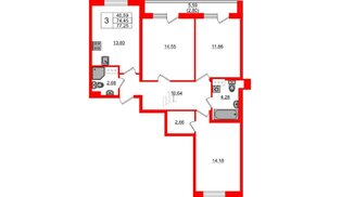 Квартира в ЖК «Кинопарк», 3 комнатная, 77.25 м², 7 этаж