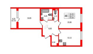 Квартира в ЖК Кинопарк, 2 комнатная, 64.9 м², 3 этаж