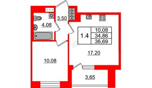 Квартира в ЖК «Бионика Заповедная», 1 комнатная, 34.86 м², 8 этаж