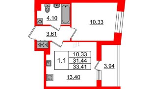 Квартира в ЖК «Бионика Заповедная», 1 комнатная, 31.44 м², 1 этаж
