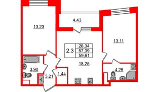 Квартира в ЖК «Бионика Заповедная», 2 комнатная, 57.39 м², 1 этаж