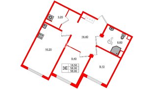 Квартира в ЖК «Ручьи–2», 2 комнатная, 58.9 м², 4 этаж