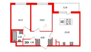 Квартира в ЖК ЯСНО.ЯНИНО, 2 комнатная, 61.63 м², 3 этаж