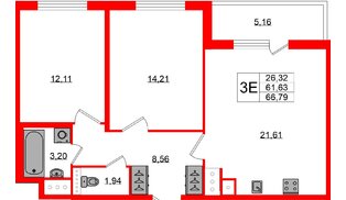 Квартира в ЖК ЯСНО.ЯНИНО, 2 комнатная, 61.63 м², 4 этаж