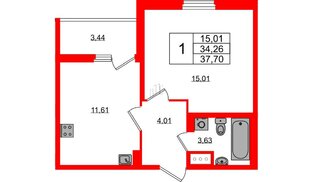 Квартира в ЖК «ПАТИО. Уютный квартал.», 1 комнатная, 34.26 м², 3 этаж