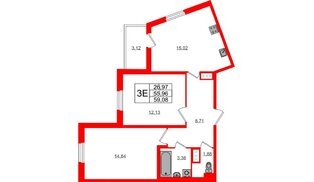 Квартира в ЖК «ПАТИО. Уютный квартал.», 2 комнатная, 55.96 м², 7 этаж