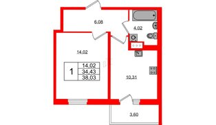 Квартира в ЖК «ПАТИО. Уютный квартал.», 1 комнатная, 34.43 м², 11 этаж