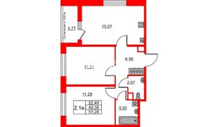 Квартира в ЖК «Город звёзд», 2 комнатная, 49.39 м², 1 этаж