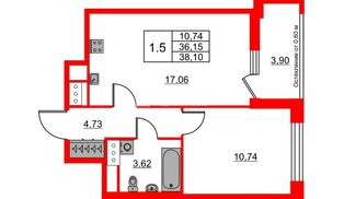 Квартира в ЖК «Город звёзд», 1 комнатная, 36.15 м², 9 этаж