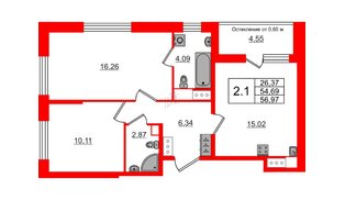 Квартира в ЖК «Город звёзд», 2 комнатная, 54.69 м², 16 этаж