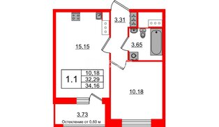 Квартира в ЖК «Город звёзд», 1 комнатная, 32.29 м², 2 этаж