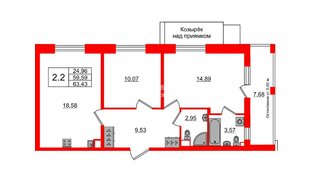 Квартира в ЖК «Город звёзд», 2 комнатная, 59.59 м², 1 этаж