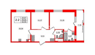 Квартира в ЖК «Город звёзд», 2 комнатная, 59.66 м², 3 этаж