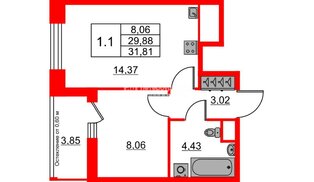 Квартира в ЖК «Город звёзд», 1 комнатная, 29.88 м², 1 этаж