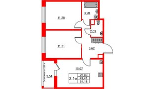 Квартира в ЖК «Город звёзд», 2 комнатная, 49.41 м², 1 этаж