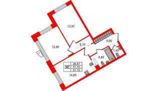 Квартира в ЖК «ВЕРЕН НОРТ Сертолово», 2 комнатная, 57.7 м², 3 этаж
