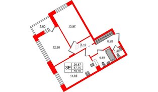 Квартира в ЖК «ВЕРЕН НОРТ Сертолово», 2 комнатная, 59.35 м², 7 этаж