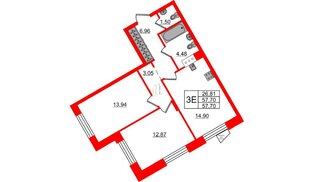 Квартира в ЖК VEREN NORT Сертолово, 2 комнатная, 57.7 м², 2 этаж