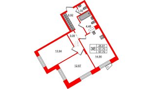 Квартира в ЖК VEREN NORT Сертолово, 2 комнатная, 57.7 м², 3 этаж