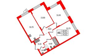 Квартира в ЖК «ВЕРЕН НОРТ Сертолово», 3 комнатная, 74.43 м², 4 этаж